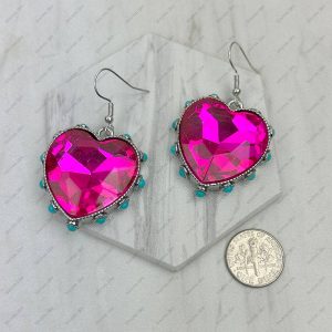 ER241130-03-CLEAR Silver metal with clear crystal and blue turquoise stone beads heart Earrings