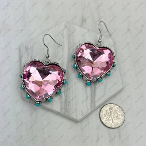 ER241130-03-CLEAR Silver metal with clear crystal and blue turquoise stone beads heart Earrings