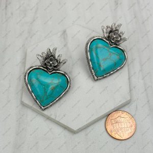 ER241130-04-SILVER-BLUE Silver metal with blue turquoise stone heart Earrings