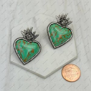 ER241130-04-SILVER-BLUE Silver metal with blue turquoise stone heart Earrings