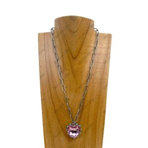 NKY250109-10 19 inches silver metal chain with hot pink crystal heart pendent Necklace