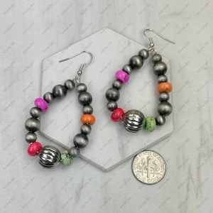 ER250309-10 Silver Navajo pearl with muti color roundel turquoise stone teardrop Earrings