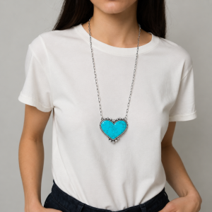 NKS230416-41 "26 inches blue turquoise stone heart necklace with paper clip shape silver metal chain"