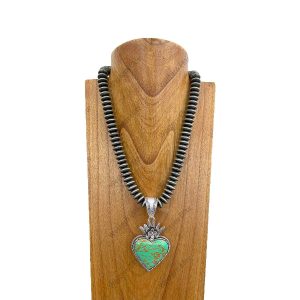 NKY250122-04 21 inches silver Navajo pearl beads with blue turquoise heart pendant Necklace