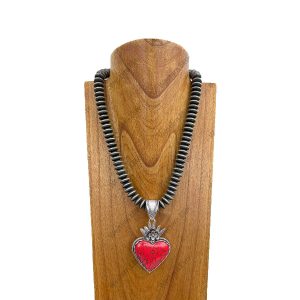 NKY250122-04 21 inches silver Navajo pearl beads with blue turquoise heart pendant Necklace