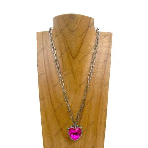 NKY250109-10 19 inches silver metal chain with hot pink crystal heart pendent Necklace