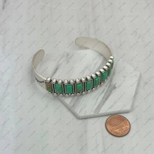 BR240715-02-LIGHT GREEN           Silver metal with green rectangle turquoise stone Bangle