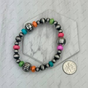 BR250308-02              Silver Navajo pearl with muti color roundel turquoise stone beads strength Bracelet