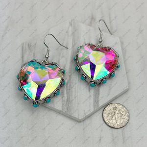 ER241130-03-CLEAR Silver metal with clear crystal and blue turquoise stone beads heart Earrings